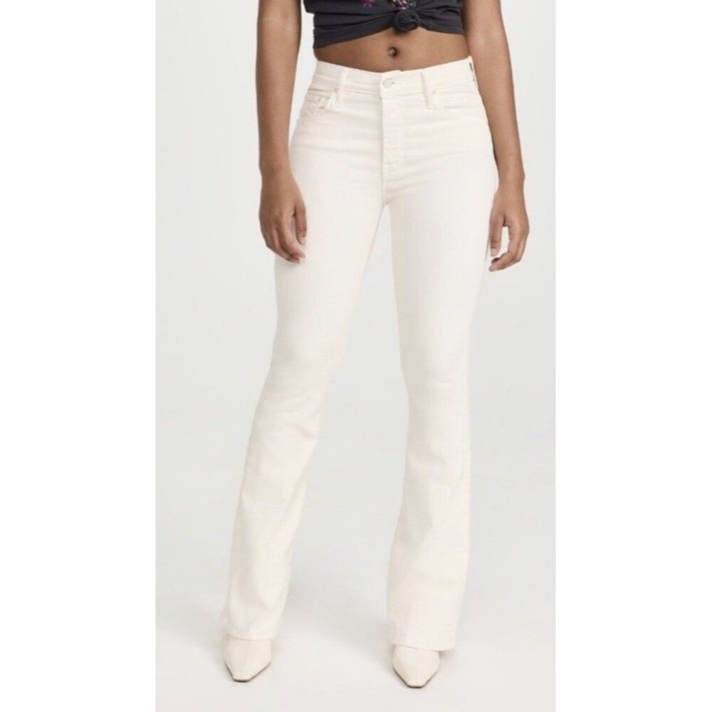 Mother The Weekender Fray Flare Jeans Play Date Beige Size 28